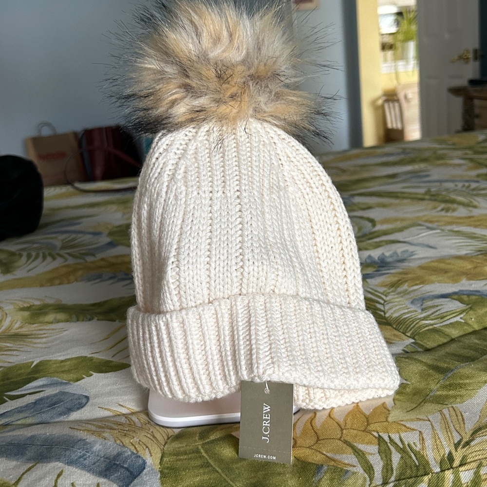 J. Crew Ivory Knit Beanie with Faux Fur Pom